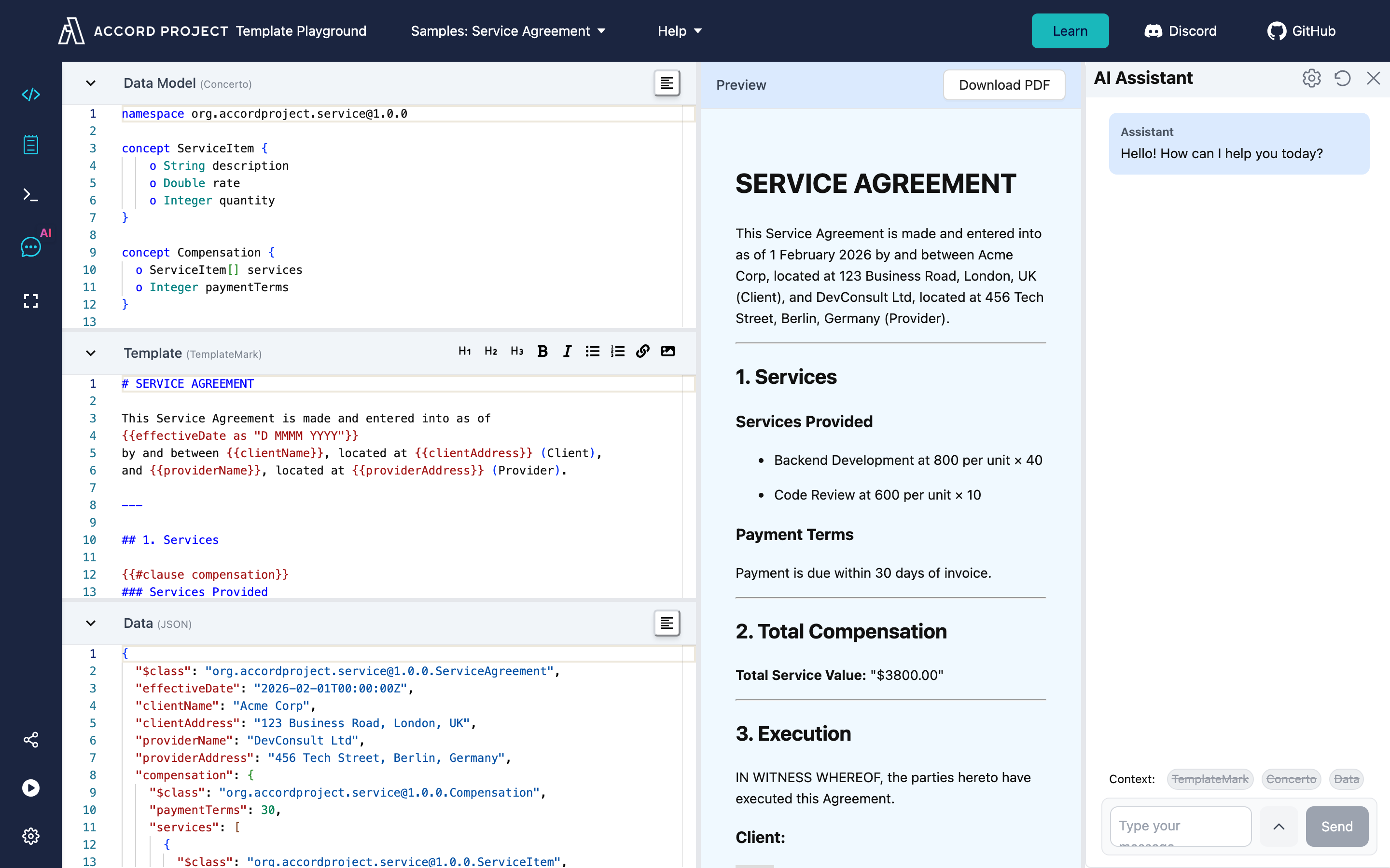 The AI Assistant panel open in Template Playground, with the template's TemplateMark, Concerto, and Data available to it as context.