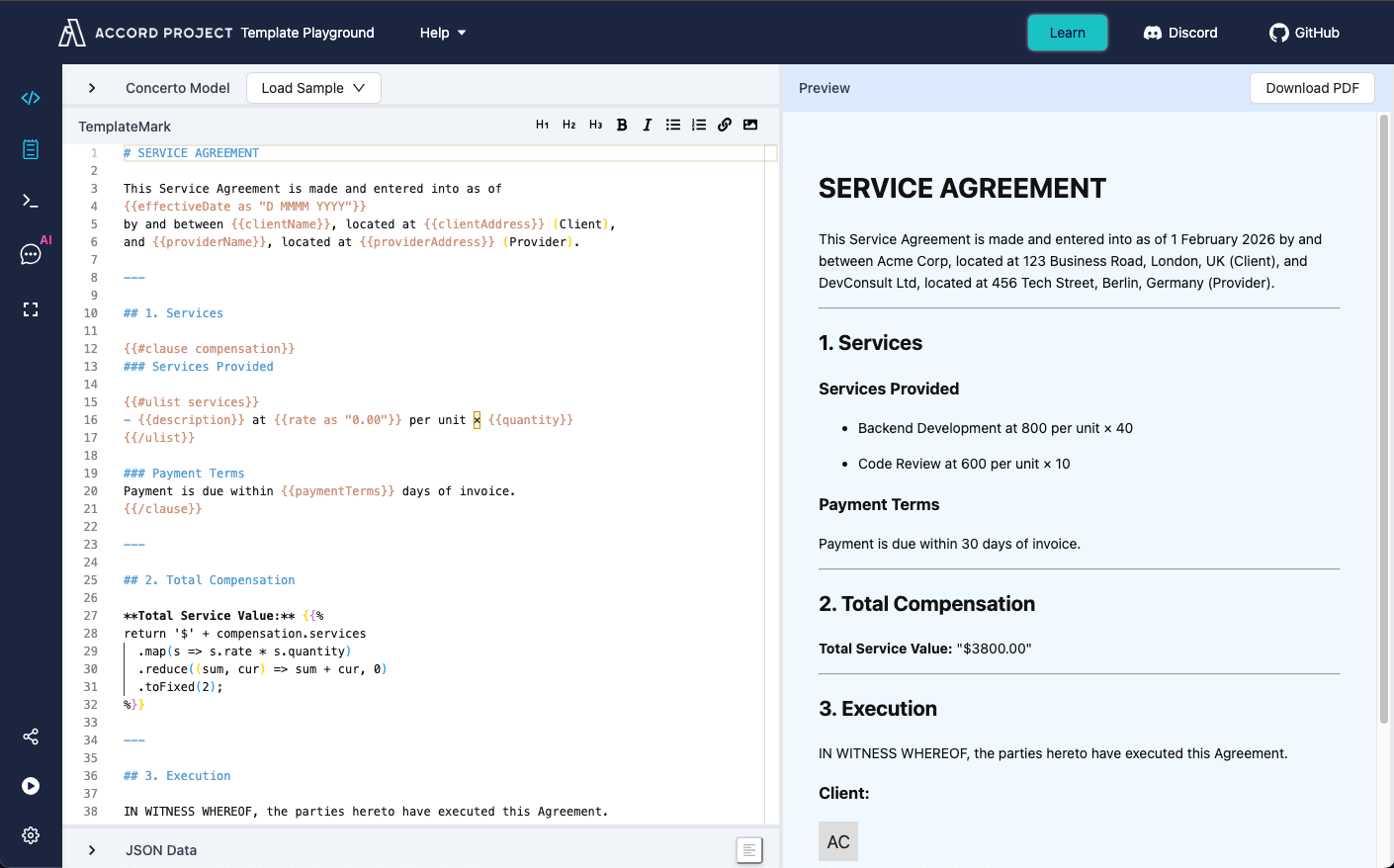 An example a template being edited. There is an option to edit the full contract or a single clause. There is also a search bar at the top center for users to search for specific templates.